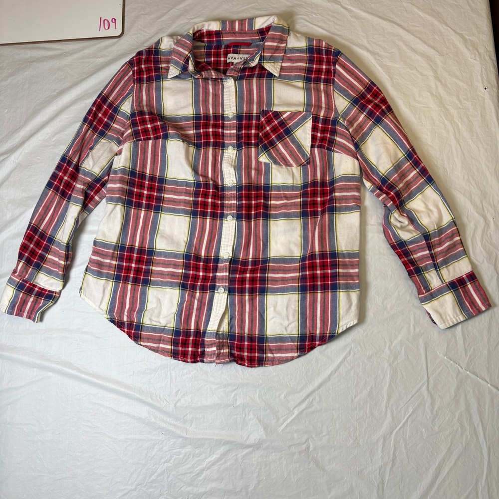 AVA & VIV Womens Plaid Flannel Shirt Button Up Long Sleeve Red White‎ Size 1X